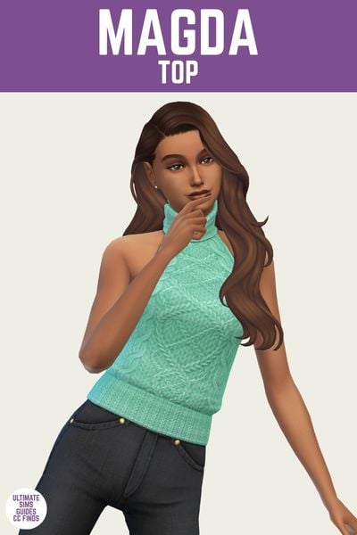 This is a product image for an item from The Willow Collection by Sentate. This image has a purple bar at the top with the text "Magda Top" and below is a sim wearing a cable knit sleeveless turtleneck top 