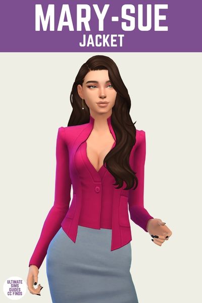 This is a product image for a clothing piece from Joliebean's Housewives of Pleasant set. This image has a purple bar at the top with "Mary Sue Jacket" in white text, below that is a sim posed wearing a grey pencil skirt and a hot pink jacket 