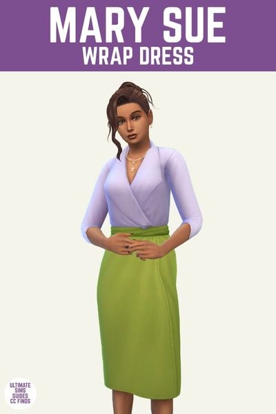 This is a product image for a cc piece from The Office Set by Joliebean. This image has a purple bar at the top and in white text it says "Mary Sue Wrap Dress" and below is a brown haired sim posing. The sim is wearing a dress with a green skirt and purple top. 