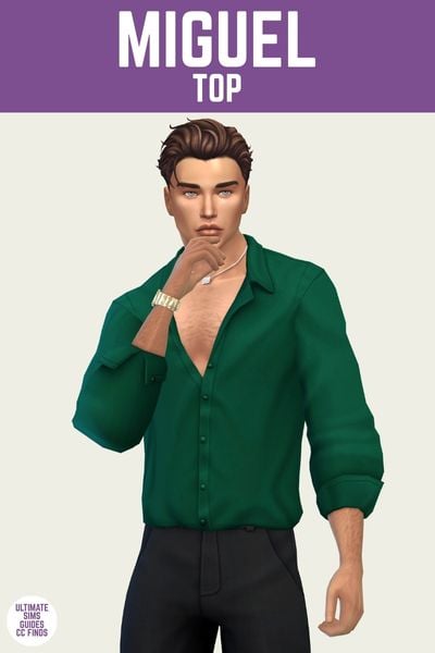 This is a product image for an item from The Orquídeas Set by Serenity. At the top there is a purple bar with white text that says "Miguel Top" and below is a male sim posing. They are wearing a dark green button up shirt with their chest showing, black pants and a watch 