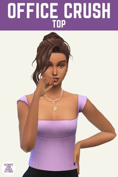 This is a product image for a cc piece from The Office Set by Joliebean. This image has a purple bar at the top and in white text it says "Office Crush Top" and below is a sim posed. They have brown hair that is in a bun and they are wearing gold layered necklaces. They are wearing a scoop neck purple top. 