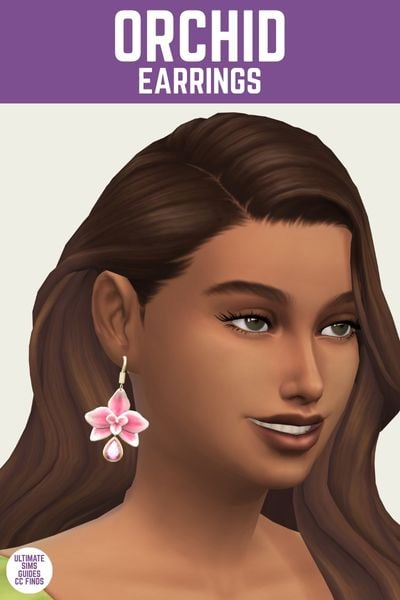 This is a product image for an item from The Orquídeas Set by Serenity. At the top there is a purple bar with white text that says "Orchid Earrings" and below is a sim. The sim has brown hair and is wearing an earring with a large orchid flower and tear drop gem