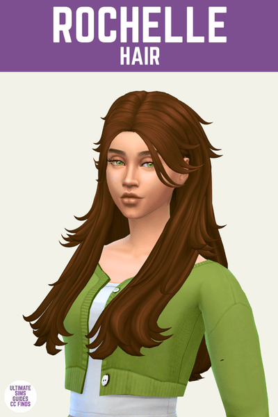 This is a product image for cc pieces from The Journal Collection. At the top is a purple bar with white text that says "Rochelle Hair" and below is a sim from the waist up. They have a white tank top with a green cardigan on top. They have black center parted hair 