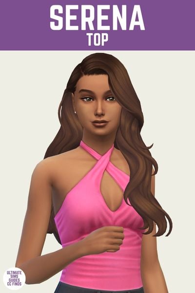 This is a product image for an item from The Orquídeas Set by Serenity. At the top there is a purple bar with white text that says "Serena Top" and below is a sim. The sim is wearing a hot-pink criss-cross top and they have brown hair 