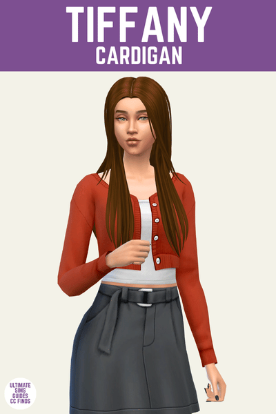This is a product image for cc pieces from The Journal Collection. At the top is a purple bar with white text that says "Tiffany Cardigan" and below is a sim posed from the knees up. They have long brown hair and they are wearing a black skirt with a white tank top and red cardigan. 