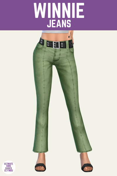 This is a product image for cc pieces from The Journal Collection. At the top is a purple bar with white text that says "Winnie Jeans" and below is a sim from the waist down. They are wearing green jeans with a black eyelet belt. 