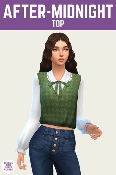This is a product image for a custom content top for The Sims 4. At the top is a purple bar with white text that says "after midnight top". Below that is a sim with brown hair posing. They are wearing blue jeans and a white button down under a green vest.  