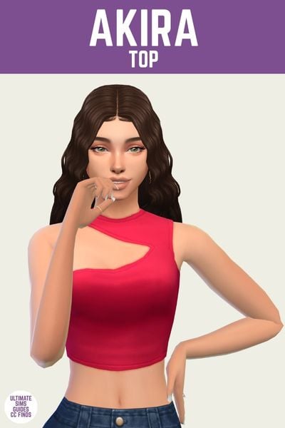 This is a product image for a custom content top for The Sims 4. At the top is a purple bar with white text that says "Akira Top". Below is a sim posed with one hand by their mouth and the other on their hip. They are wearing a pink top with a cut out on one side and a cropped length 