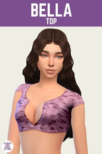 This is a product image for a custom content top for The Sims 4. At the top is a purple bar with white text that says "Bella Top" and below is a posed sim. The sim has brown hair and is wearing a crop top in a pink camo that's a Henley style top 
