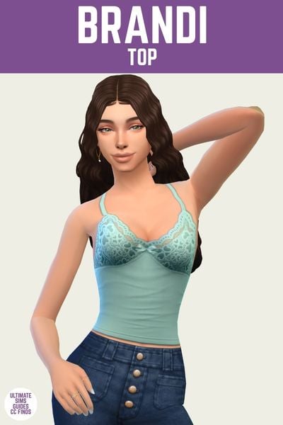 This is a product image for a custom content top for The Sims 4. At the top is a purple bar with white text that says "Brandi Top" and below is a posed sim. They are wearing blue jeans and a light blue tank top with lace at the top. 