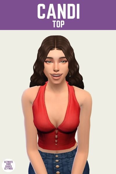 This is a product image for a custom content top for The Sims 4. At the top is a purple bar with white text that says "Candi Top" in white text. Below is a sim posed bending toward you and they have brown hair, a red halter tank top and jeans. 