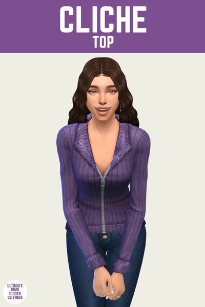 This is a product image for a custom content top for The Sims 4. At the top is a purple bar with white text that says "Cliche Top" and below that is a sim posed bent forward. They are wearing jeans with a long sleeve ribbed sweater with fur lining in purple. 