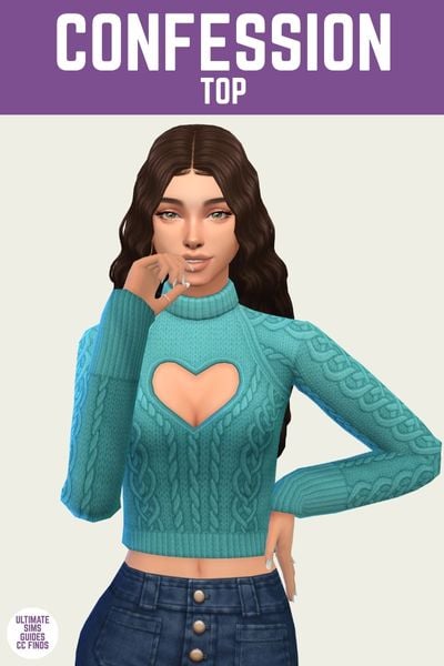 This is a product image for a custom content top for The Sims 4. At the top is a purple bar with "confession top" written in white. Below that is a brown haired sim posed wearing a cable knit sweater with a heart cut out on the chest. 