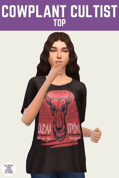 This is a product image for a custom content top for The Sims 4. At the top is a purple bar with white text that says "Cowplant Cultist Top" in white text. Below is a sim with brown hair wearing a t-shirt with a dead cowplant decal 