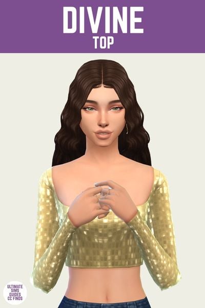 This is a product image for a custom content top for The Sims 4. At the top is a purple bar with white text that says "Divine Top". Below that is a sim with brown hair posed with their hands in front of their chest. They are wearing a gold sparkly long sleeve top. 