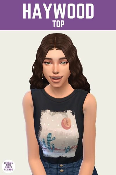 This is a product image for a custom content top for The Sims 4. At the top is a purple bar with white text that says "haywood top". Below that is a sim leaned forward with a sleeveless top with a western graphic design on the chest. 