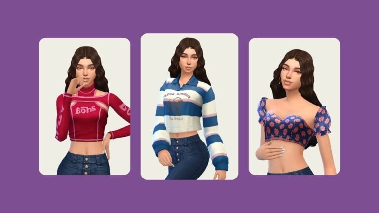 This image has a purple background with three rounded-edge rectangles. Inside the rectangles are sims posing in various cc tops