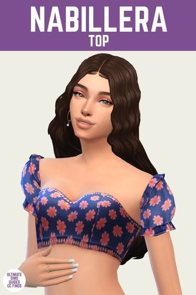 This is a product image for a custom content top for The Sims 4. At the top is a purple bar with white text that says "Nabillera Top" in white text. Below is a sim posed with their hand under their bust. They are wearing a cropped floral shirt with puff sleeves. 