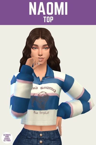 This is a product image for a custom content top for The Sims 4. At the top is a purple bar with white text that says "Naomi Top" below that is a sim posing. They have brown hair and are wearing a long sleeve cropped polo shirt 