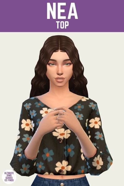 This is a product image for a custom content top for The Sims 4. At the top is a purple bar with white text that says "Nea Blouse" and below is a sim posing. They have brown hair and are wearing a button down shirt with a flower design 