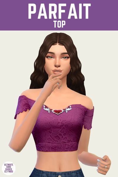This is a product image for a custom content top for The Sims 4. At the top is a purple bar with white text that says "parfait blouse" in white text. Below that is a sim posed with a hand close to their mouth. They have brown hair and are wearing an off the shoulder purple top with lace texture. 