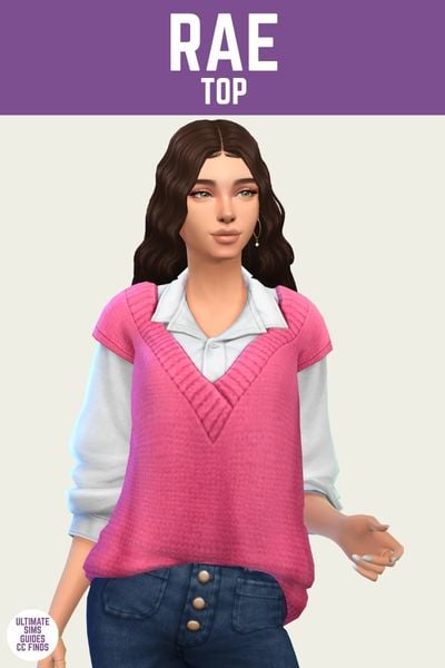 This is a product image for a custom content top for The Sims 4. At the top is a purple bar with white text that says "Rae Sweatervest" in white text. Below is a sim posed with brown hair, jeans and a white button down top under a hot pink vest. 