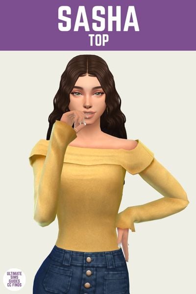 This is a product image for a custom content top for The Sims 4. At the top is a purple bar with white text that says "Sasha Top" below is a sim posed with their hand by their mouth. They are wearing a long sleeve off the shoulder top and jeans. 