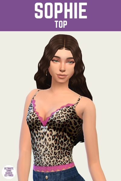 This is a product image for a custom content top for The Sims 4. At the top is a purple bar with white text that says "Sophie Top". Below the purple bar is a sim posing and they are wearing a cheetah print top with pink lace details 