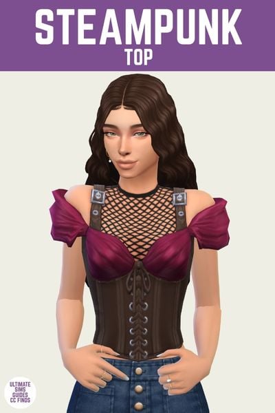 This is a product image for a custom content top for The Sims 4. At the top is a purple bar with white text that says "Steampunk Top" on it. Below is a sim posed with their hands on their hips. They are wearing a top with a corset, fish net chest and buckles for straps. 