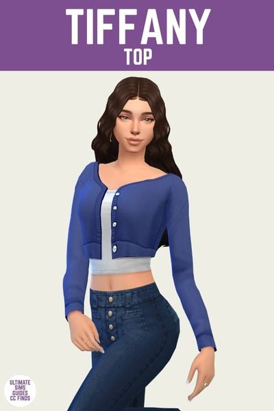This is a product image for a custom content top for The Sims 4. At the top is a purple bar with white text that says "Tiffany Top" in white text. Below that is a sim posed and they are wearing a white cropped tank top under a dark blue cardigan with blue jeans. 