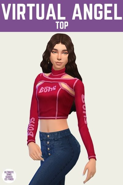 This is a product image for a custom content top for The Sims 4. At the top is a purple bar with white text that says "virtual angel top" below that is a sim posed. The sim is wearing blue jeans and a long sleeve hot pink shirt with light pink designs and edges. 