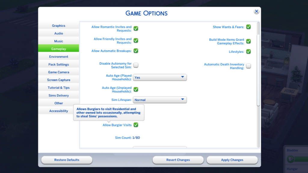 A screenshot from the sims 4 showing the option to disable burglar visits 