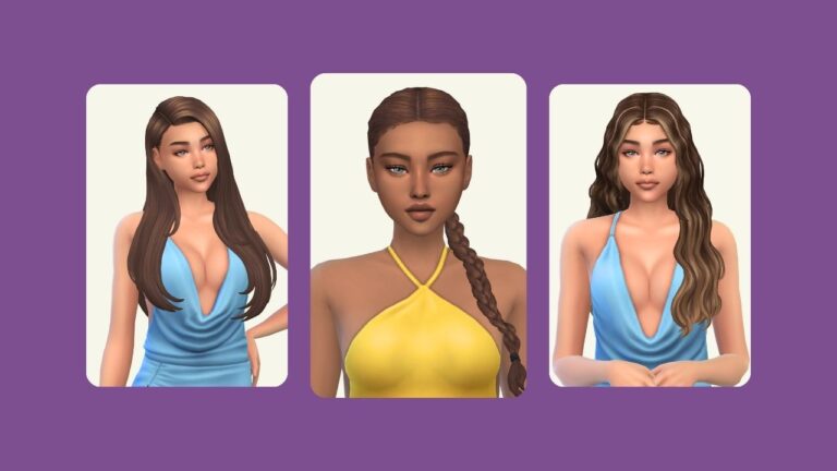 This image has three images on a purple background and there are images of sims with different hairs