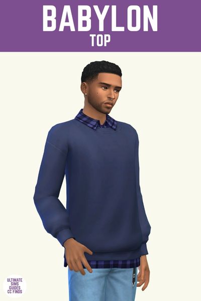 This image has a purple bar at the top with white text that says "Babylon Top" and below is a sim posed in blue jeans, with a button up in plaid and a sweater on top