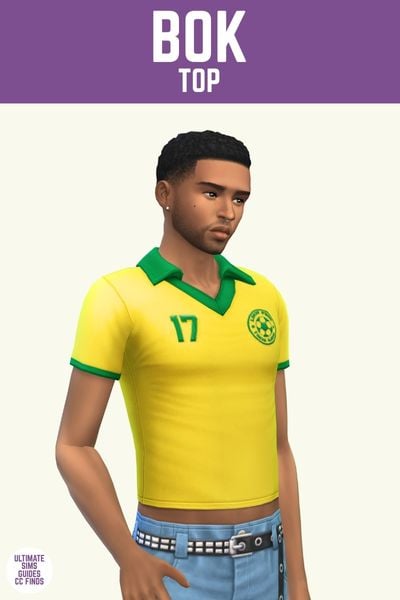 This image has a purple bar at the top with white text that says "Bok Top" and below is a sim in a yellow polo shirt with green designs