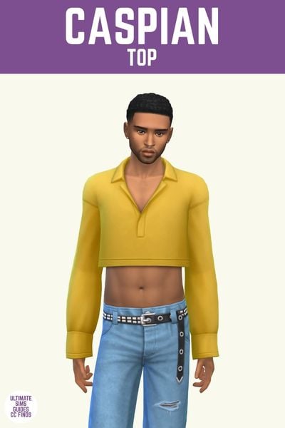 This image has a purple bar at the top with white text that says "Caspian Top" and below is a male sim wearing blue jeans with a cropped yellow long sleeve polo shirt