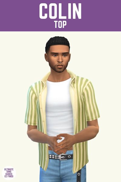 This image has a purple bar at the top with white text that says "Colin Top" and below is a male sim wearing a white t-shirt and on top is an open yellow button up t-shirt with green stripes