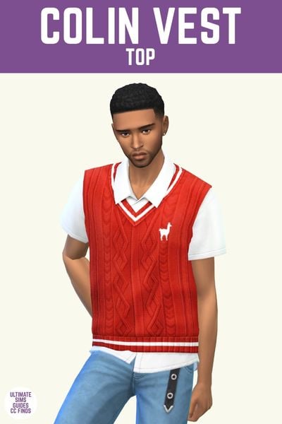 This image has a purple bar at the top with white text that says "Colin Vest Top" and below is a male sim posed in a t-shirt button up with a red vest on top