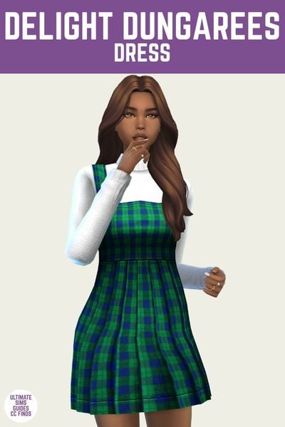 This is a product image for a dress by Trillyke. The image has a purple bar at the top with white text that says "delight dunagrees dress" and below is a sim wearing a long sleeve white sweater with a green and blue plaid overall dress with pleats 
