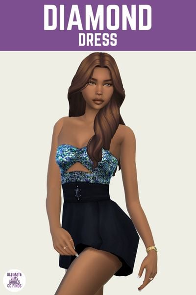 This is a product image for a dress by Trillyke. The image has a purple bar at the top with white text that says "Diamond Dress" and below is a posed sim. The sim is wearing a strapless dress where the skirt is black and the top part is covered in sparkles