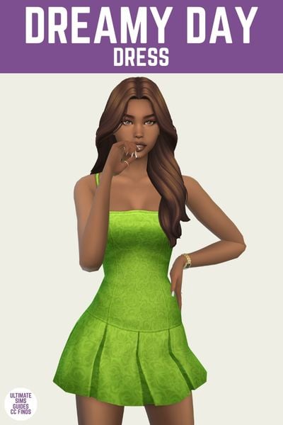 This is a product image for a dress by Trillyke. The image has a purple bar at the top with white text that says "Dreamy Day Dress" and the sim below is wearing a bright green spaghetti strap dress with pleats in the mini skirt part 