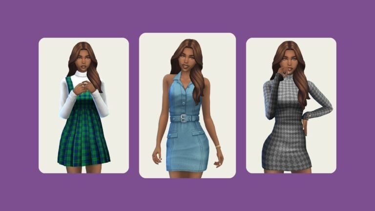 This image has a purple background with three rounded edge rectangles. Inside of the rectangles there is the same sim posed in different dresses