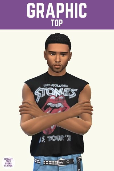 This image has a purple bar at the top with white text that says "Graphic Top" and below is a male sim posed with their arms crossed wearing a sleeveless rolling stones tank top