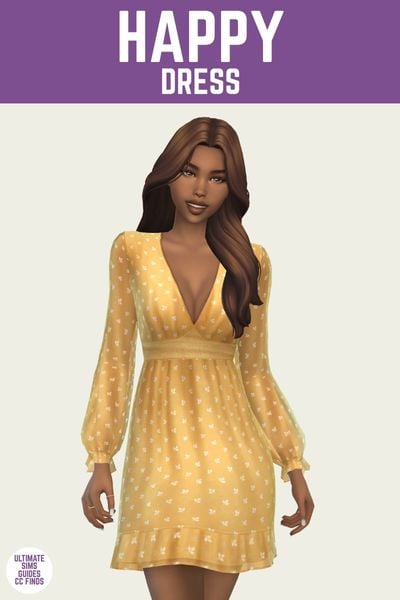 This is a product image for a dress by Trillyke. The image has a purple bar at the top with white text that says "Happy Dress" the sim below is posed and smiling with a long sleeve short yellow dress 