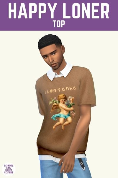 This image has a purple bar at the top with white text that says "Happy Loner Top" and below is a male sim wearing a t-shirt sweater with a white collar underneath