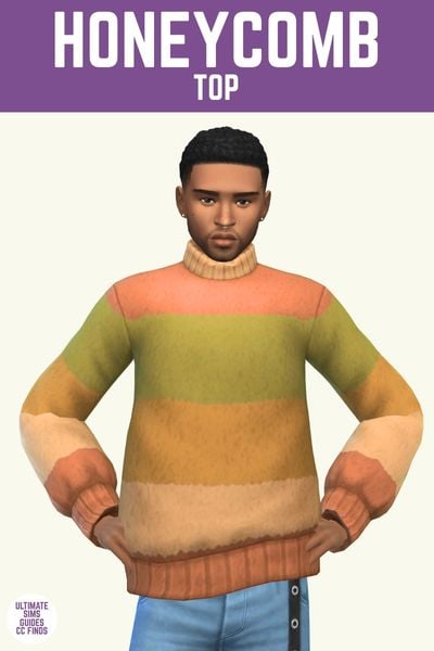 This image has a purple bar at the top with white text that says "Honeycomb Top" and below is a sim wearing a turtleneck sweater with large stripes