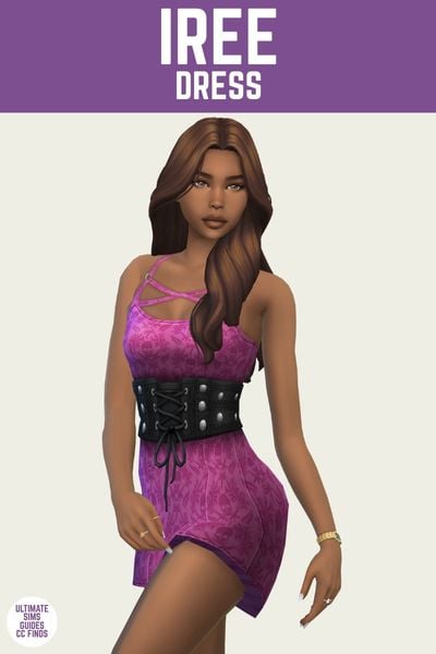 This is a product image for a dress by Trillyke. The image has a purple bar at the top with white text that says "iree dress" and below is a posed sim. They are wearing a hot pink dress with a black alternative style belt around the waist 