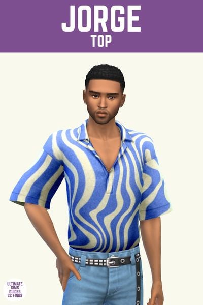 This image has a purple bar at the top with white text that says "Jorge Top" and below is a sim wearing a wavy patterned polo shirt with wide arms