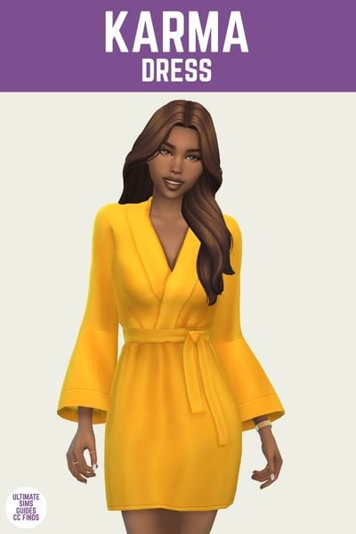 This is a product image for a dress by Trillyke. The image has a purple bar at the top with white text that says "Karma Dress" and below is a sim posed and smiling. They are wearing a bright yellow robe style dress 