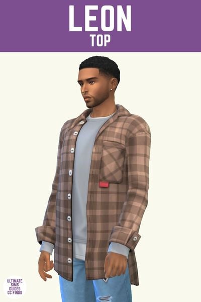 This image has a purple bar at the top with white text that says "Leon Top" and below is a male sim wearing a long sleeve grey shirt with a brown flannel on top